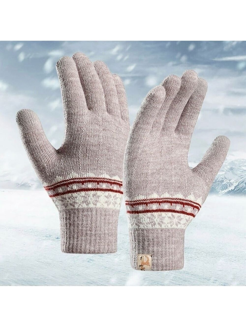 Knit Gloves Gray with Red and White Fair Isle Snowflake Pattern New